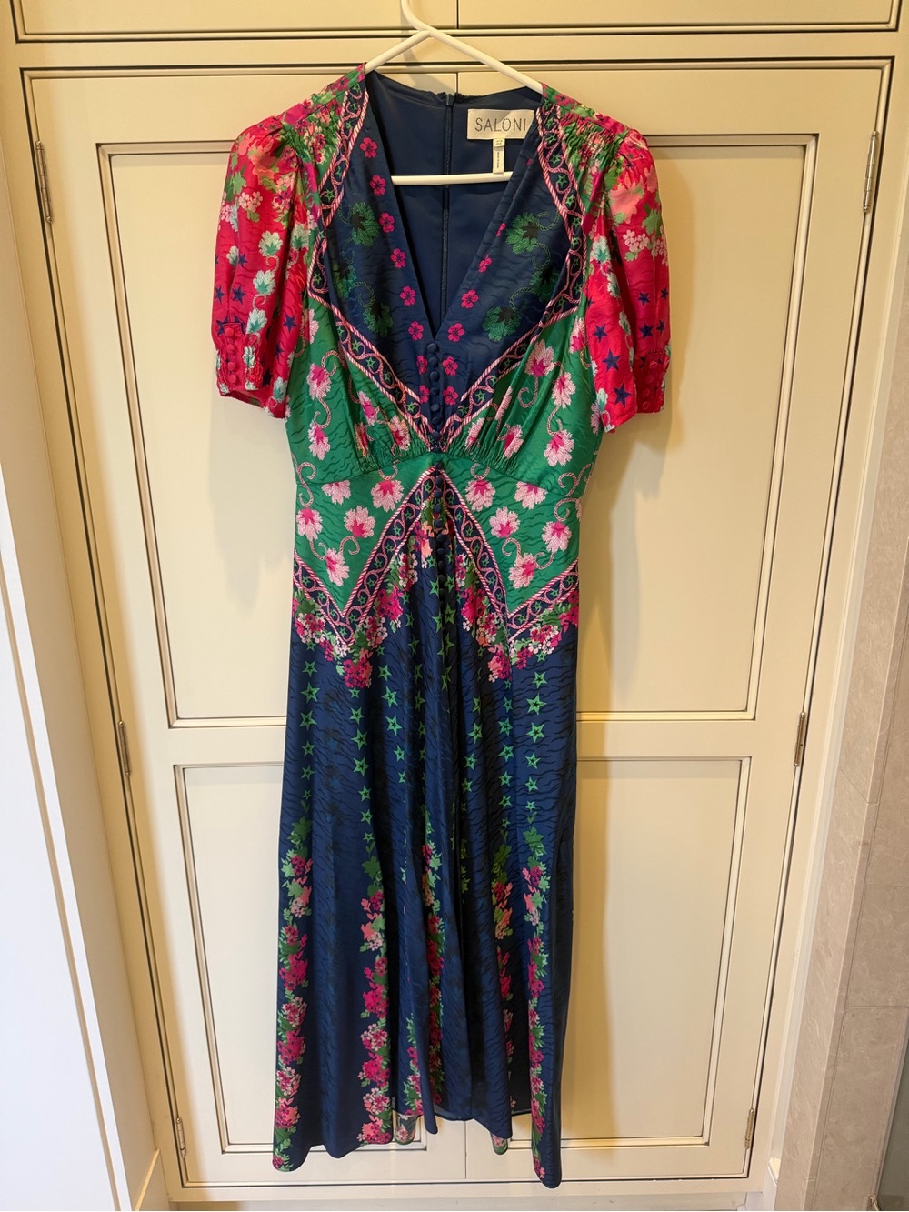 SALONI Green, Navy & Pink Floral Midi Dress